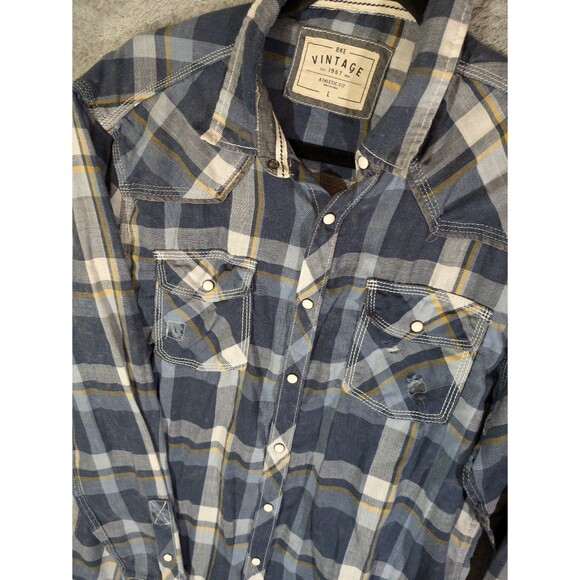BKE Vintage Button Large shirt athletic fit long sleeve blue plaid pearl snap - Picture 7 of 7